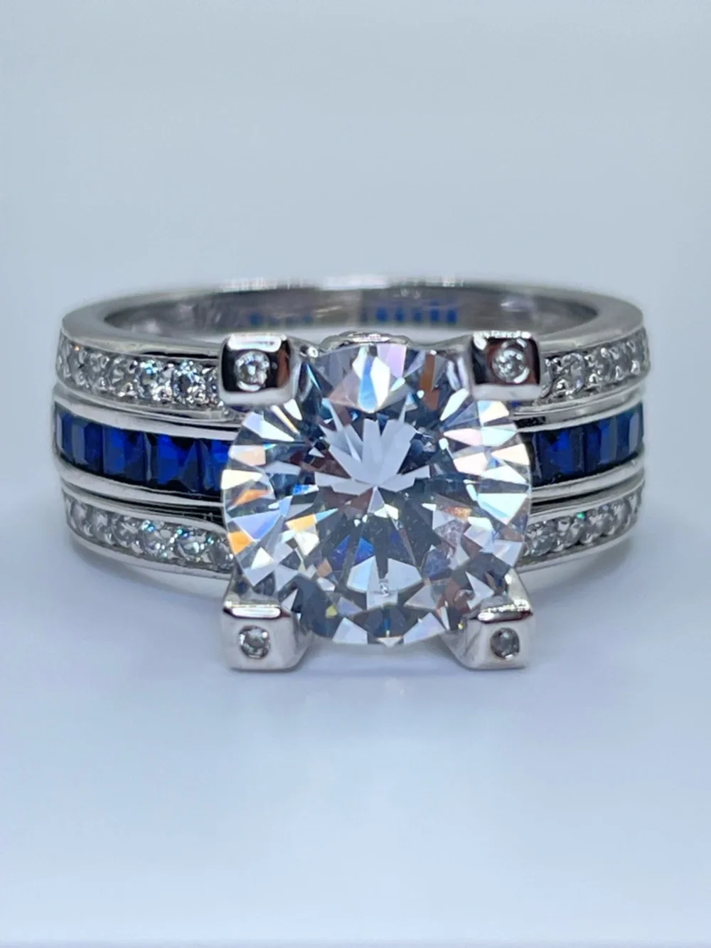 925 Sterling Silver Diamond Sapphire Bridal Wedding Ring Guard Set 5